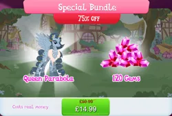 Size: 1268x858 | Tagged: safe, derpibooru import, official, queen parabola, alicorn, pony, zebra, zebra alicorn, bundle, costs real money, ear piercing, earring, english, female, gameloft, gem, horn, horn ring, image, jewelry, jpeg, mare, mobile game, my little pony: magic princess, necklace, numbers, piercing, ring, sale, solo, solo focus, spread wings, text, wings