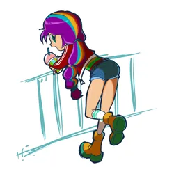 Size: 1500x1500 | Tagged: safe, artist:rvceric, derpibooru import, sunny starscout, human, equestria girls, g5, clothes, cute, equestria girls-ified, female, g5 to equestria girls, generation leap, image, leaning, leaning forward, looking at you, looking back, looking back at you, png, railing, shorts, simple background, smoothie, solo, sunnybetes, white background
