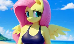 Size: 1280x768 | Tagged: safe, ai content, derpibooru import, machine learning generated, pony diffusion, stable diffusion, fluttershy, anthro, g4, beach, clothes, female, generator:pony diffusion v4, green eyes, image, jpeg, looking to the right, ocean, prompt in description, prompter:marusame, sideways glance, solo, spread wings, swimsuit, water, wings, worried