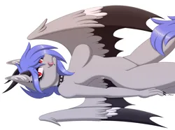 Size: 2819x2094 | Tagged: suggestive, alternate version, artist:melodytheartpony, derpibooru import, oc, oc:melody silver, unofficial characters only, anthro, dracony, dragon, hybrid, arched back, bat wings, breasts, collar, commission, eyeshadow, feathered wings, female, horns, hybrid wings, image, licking, licking lips, looking at you, makeup, mischievous, nudity, png, simple background, solo, spiked collar, tail, tail fluff, tongue out, white background, wings, ych example, your character here