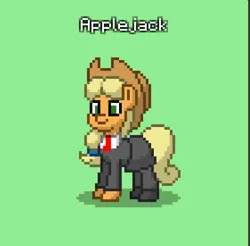 Size: 842x827 | Tagged: safe, derpibooru import, applejack, earth pony, pony, applejack's hat, clothes, cowboy hat, crystal curtain: world aflame, executive, hat, image, jpeg, necktie, pixel art, skirt, suit