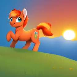 Size: 512x512 | Tagged: safe, derpibooru import, machine learning assisted, machine learning generated, stable diffusion, oc, unofficial characters only, earth pony, pony, ai content, cute, generator:purplesmart.ai, image, meadow, one leg raised, png, prompter:sweetai belle, smiling, solo, sunset