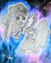 Size: 1536x1880 | Tagged: safe, artist:wojtek-ツ, derpibooru import, princess luna, alicorn, pony, black and white, female, flying, glitter, grayscale, image, lined paper, looking at you, mare, monochrome, partial color, pencil drawing, photoshop elements, png, reference used, sketch, smiley face, smiling, smiling at you, solo, spread wings, traditional art, wings