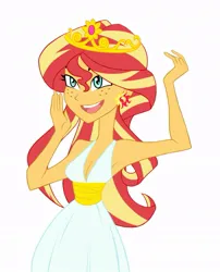 Size: 705x873 | Tagged: safe, artist:ignoto_delta, derpibooru import, sunset shimmer, human, equestria girls, equestria girls (movie), breasts, cleavage, clothes, dress, ear piercing, earring, female, freckles, image, jewelry, jpeg, piercing, simple background, solo, tiara, white background