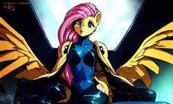 Size: 1280x768 | Tagged: safe, derpibooru import, machine learning generated, pony diffusion, stable diffusion, fluttershy, android, anthro, robot, ai content, anime, catsuit, clothes, cybernetic pony, cyberpunk, female, green eyes, image, jpeg, looking at you, solo, spread wings, wings