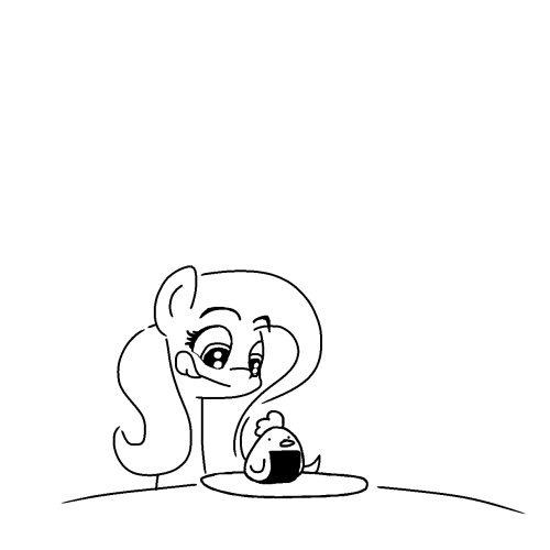 Size: 500x500 | Tagged: artist needed, source needed, safe, derpibooru import, fluttershy, bird, chicken, pegasus, pony, black and white, eyebrows, eyebrows visible through hair, female, food, grayscale, image, licking, licking lips, meat, monochrome, onigiri, plate, png, ponies eating meat, solo, table, tongue out