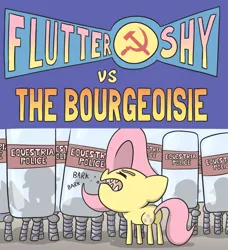Size: 1280x1401 | Tagged: safe, artist:switchy, derpibooru import, fluttershy, pegasus, pony, barking, behaving like a dog, bourgeoisie, communism, female, hammer and sickle, image, jpeg, mouthpiece, police, politics, riot shield, text