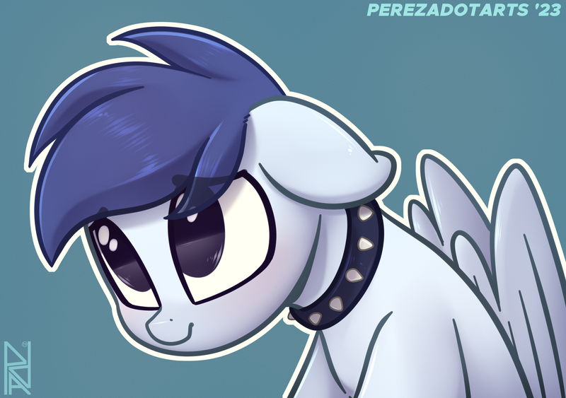 Size: 3200x2250 | Tagged: safe, artist:perezadotarts, derpibooru import, oc, oc:slipstream, pegasus, behaving like a dog, blue pony, boofy, collar, dilated pupils, floppy ears, image, png, simple background, solo, spiked collar