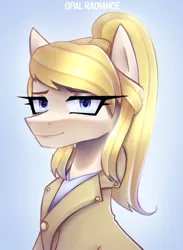 Size: 2047x2790 | Tagged: safe, artist:opal_radiance, derpibooru import, oc, oc:issabella, ponified, earth pony, pony, blonde, blue eyes, bust, clothes, female, image, jacket, mare, png, portrait, solo