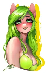 Size: 1500x2318 | Tagged: safe, artist:waifuponies, derpibooru import, red gala, anthro, earth pony, apple family member, bra, clothes, female, green bra, green lipstick, image, jpeg, lipstick, simple background, solo, underwear, white background