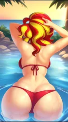 Size: 864x1536 | Tagged: suggestive, derpibooru import, editor:sammykun, machine learning generated, stable diffusion, sunset shimmer, human, equestria girls, ai content, ass, big breasts, bikini, bikini bottom, bikini top, breasts, bunset shimmer, busty sunset shimmer, butt, clothes, female, generator:uni dream ai, humanized, image, ocean, plants, png, rear view, rearboob, rock, sexy, solo, solo female, stupid sexy sunset shimmer, sunset, swimsuit, water, wet