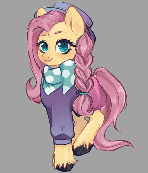 Size: 2400x2800 | Tagged: safe, artist:suracao, derpibooru import, fluttershy, pegasus, pony, alternate hairstyle, cute, female, gray background, hipstershy, image, jpeg, looking at you, mare, shyabetes, simple background, solo, unshorn fetlocks