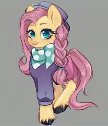 Size: 2400x2800 | Tagged: safe, artist:suracao, derpibooru import, fluttershy, pegasus, pony, alternate hairstyle, cute, female, gray background, hipstershy, image, jpeg, looking at you, mare, shyabetes, simple background, solo, unshorn fetlocks