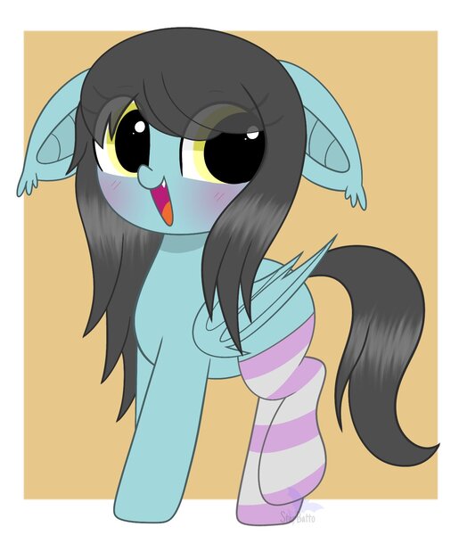 Size: 1304x1520 | Tagged: safe, artist:starbatto, derpibooru import, oc, oc:flower popen, unofficial characters only, bat pony, pony, bat ears, bat pony oc, bat wings, blushing, clothes, cute, eye clipping through hair, female, folded wings, image, jpeg, looking at you, mare, ocbetes, open mouth, raised leg, signature, socks, solo, striped socks, wings