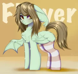 Size: 1884x1790 | Tagged: safe, artist:mysha_art, derpibooru import, oc, oc:flower popen, unofficial characters only, bat pony, pony, bat ears, bat pony oc, bat wings, chest fluff, clothes, cute, female, image, jpeg, looking at you, mare, ocbetes, one wing out, signature, socks, solo, striped socks, wings