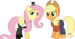 Size: 3608x1870 | Tagged: safe, artist:edy_january, derpibooru import, edit, vector edit, applejack, fluttershy, earth pony, pegasus, pony, applejack's hat, appleshy, clothes, cowboy hat, duo, duo female, fashion, fashion style, female, france, hat, image, lesbian, link in description, long pants, looking at you, outfit, outfits, png, shipping, shirt, shoes, simple background, t-shirt, toy, transparent background, united states, vector