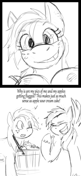 Size: 1280x2760 | Tagged: safe, artist:corevaluesart, derpibooru import, applejack, rainbow dash, earth pony, pegasus, pony, 2 panel comic, apple, comic, duo, food, image, laughing, monochrome, not what it looks like, oblivious, photo, png, sketch