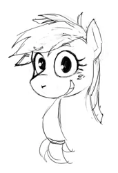 Size: 963x1410 | Tagged: safe, artist:corevaluesart, derpibooru import, applejack, earth pony, pony, bust, grin, hatless, image, jpeg, missing accessory, monochrome, sketch, smiling, solo