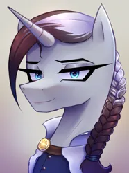 Size: 2003x2697 | Tagged: safe, artist:opal_radiance, derpibooru import, oc, oc:arcane nova, unofficial characters only, pony, unicorn, equestria at war mod, braid, braided ponytail, bust, eaw, eyebrows, female, gradient background, hair tie, high res, horn, image, lidded eyes, lipstick, looking at you, mare, new mareland, png, ponytail, portrait, redraw, smiling, smiling at you, solo, unicorn oc