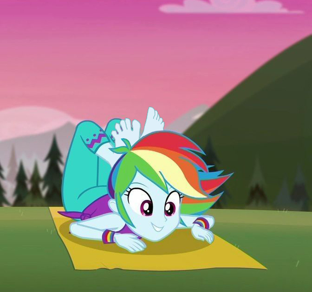 Size: 672x628 | Tagged: safe, derpibooru import, screencap, rainbow dash, equestria girls, equestria girls series, sunset's backstage pass!, wake up!, spoiler:eqg series (season 2), clothes, cute, feet, female, gym, image, jpeg, pants, pose, rainbow, relaxing, soles, solo, solo female, wake up!: rainbow dash, yoga, yoga pants