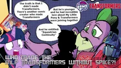 Size: 1280x720 | Tagged: safe, derpibooru import, idw, spike, twilight sparkle, friendship in disguise, gigachad spike, image, jpeg, my little pony logo, older, older spike, optimus prime, photo, shocked, shocked expression, text, theory, transformers, youtube thumbnail