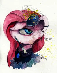 Size: 1024x1304 | Tagged: safe, artist:lailyren, derpibooru import, pinkie pie, earth pony, pony, bust, clothes, ear piercing, earring, female, image, jewelry, jpeg, piercing, pinkamena diane pie, pipe, simple background, solo, white background