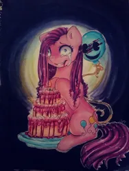 Size: 960x1280 | Tagged: artist needed, source needed, semi-grimdark, derpibooru import, pinkie pie, earth pony, pony, abstract background, balloon, birthday cake, blood, cake, crying, female, food, image, pinkamena diane pie, png, solo, traditional art