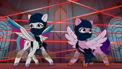 Size: 1280x720 | Tagged: safe, derpibooru import, screencap, pipp petals, zipp storm, pegasus, pony, g5, my little pony: tell your tale, spoiler:g5, spoiler:my little pony: tell your tale, spoiler:tyts01e51, image, laser, mare family mare problems, png
