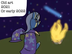 Size: 1024x768 | Tagged: safe, artist:the crystal artist, derpibooru import, trixie, pony, unicorn, 2021, 2022, calm, campfire, cape, clothes, cute, diatrixes, different artstyle, facing away, female, fire, happy, hat, hill, image, incorrect night sky, mare, night, old art, png, shooting star, sitting, solo, stars, text, trixie's cape, trixie's hat