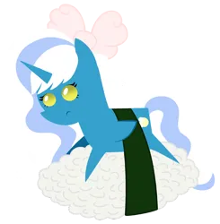 Size: 2288x2333 | Tagged: safe, artist:princesslilybrush, derpibooru import, oc, oc:fleurbelle, unofficial characters only, alicorn, pony, alicorn oc, bow, female, food, hair bow, horn, image, mare, png, simple background, solo, sushi, transparent background, wings, yellow eyes