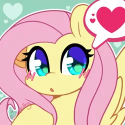 Size: 1200x1200 | Tagged: safe, artist:sakukitty, derpibooru import, fluttershy, pegasus, pony, blushing, cute, female, heart, image, jpeg, looking at you, mare, open mouth, shyabetes, signature, solo