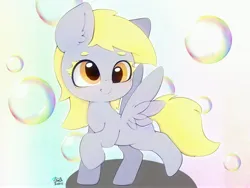 Size: 4000x3000 | Tagged: safe, artist:zokkili, derpibooru import, derpy hooves, pegasus, pony, bubble, cute, derpabetes, female, filly, filly derpy, foal, high res, image, jpeg, looking at you, raised hoof, raised leg, signature, smiling, smiling at you, solo, spread wings, wings, younger