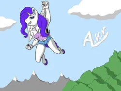Size: 1032x774 | Tagged: safe, artist:nomoreafailure, derpibooru import, rarity, alicorn, anthro, alicornified, clenched fist, clothes, flying, grin, hot pants, image, jpeg, mountain, mountain range, race swap, raricorn, sky, smiling
