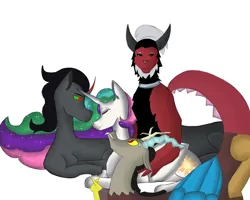 Size: 5000x4000 | Tagged: safe, artist:sh4deshad0w41, derpibooru import, discord, king sombra, lord tirek, princess celestia, alicorn, centaur, draconequus, taur, unicorn, celestia got all villain, celestibra, celestirek, curved horn, dislestia, eyes closed, female, glow, horn, horns are touching, hug, image, jpeg, looking at someone, male, male and female, ship, shipping, simple background, smiley face, smiling, smirk, somblestirecord, straight, touching hooves, villains of equestria, white background