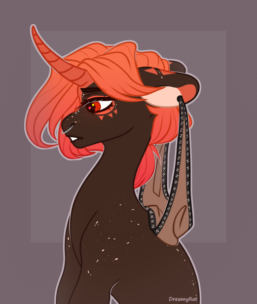 Size: 3011x3564 | Tagged: safe, artist:dreamyrat, derpibooru import, oc, unofficial characters only, pony, unicorn, commission, ear piercing, horn, image, looking down, nose piercing, open mouth, piercing, png, red eyes, red mane, simple background, solo, unicorn oc