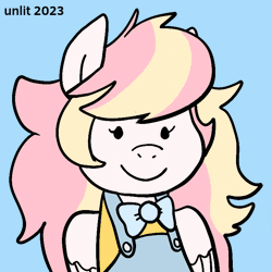 Size: 720x720 | Tagged: safe, artist:unlit, derpibooru import, oc, oc:ninny, unofficial characters only, pegasus, pony, accessory, animated, bowtie, commission, drool, eyelashes, gif, image, licking, licking the fourth wall, solo, tongue out, watermark, ych example, ych result, your character here