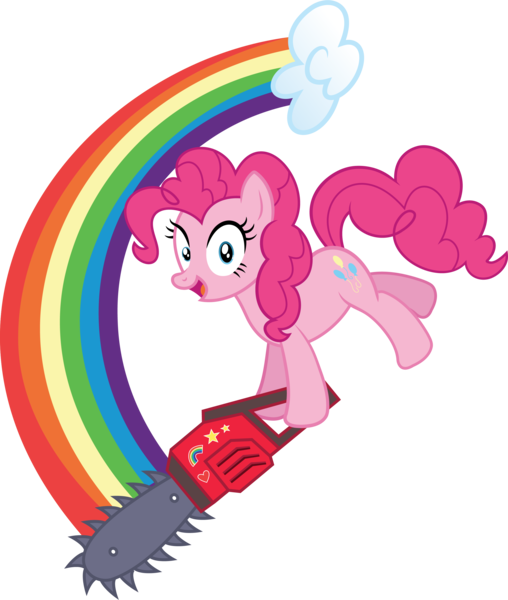 Size: 2568x3034 | Tagged: safe, artist:jaye, derpibooru import, pinkie pie, earth pony, cupcakes hd, chainsaw, image, lesbian ponies with weapons, png, rainbow, show accurate, vector, vylet pony