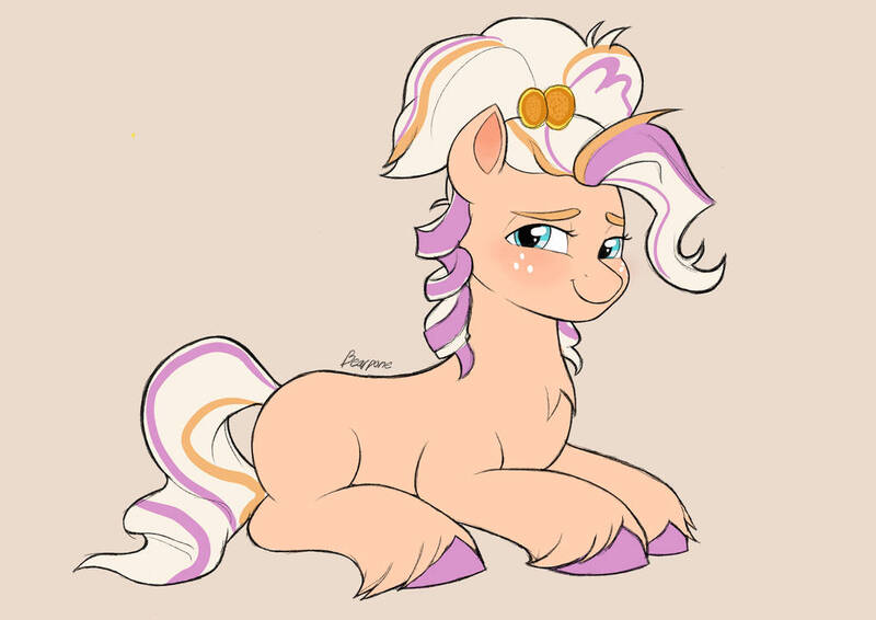 Size: 1063x752 | Tagged: safe, artist:bearpone, derpibooru import, oc, oc:orange marmalade, earth pony, pony, g5, bangs, blue eyes, blushing, chest fluff, colored hooves, eyebrows, food, freckles, hairpin, image, jpeg, lying down, multicolored hair, multicolored mane, orange, orange coat, ringlets, solo, unshorn fetlocks, updo, white mane