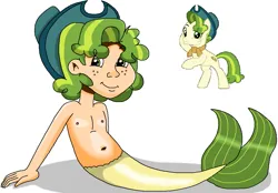 Size: 1025x715 | Tagged: safe, artist:ocean lover, derpibooru import, pistachio, earth pony, human, merboy, mermaid, merman, adorable face, bare shoulders, belly, belly button, chest, clothes, cowboy hat, cute, fins, freckles, green eyes, green hair, happy, hat, human coloration, humanized, image, leaning, leaning back, looking down, male, mermay, ms paint, png, reference, reference sheet, scarf, shadow, simple background, sitting, smiling, species swap, stetson, tail, tail fin, teenager, white background