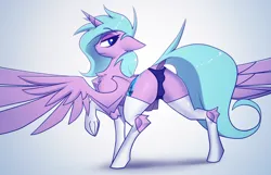 Size: 3900x2505 | Tagged: suggestive, artist:fenixdust, derpibooru import, oc, oc:sapphire night, alicorn, pony, clothes, eyebrows, female, hockless socks, image, looking at you, mare, panties, png, raised eyebrow, raised tail, socks, spread wings, tail, underwear, wings
