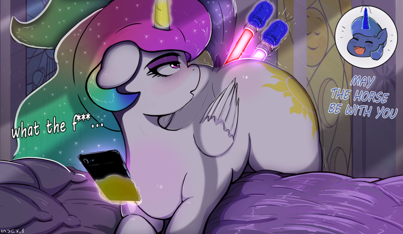 Size: 1920x1119 | Tagged: questionable, artist:index3, derpibooru import, princess celestia, princess luna, alicorn, pony, alternate hairstyle, anal insertion, bed, blushing, butt, chibi, floppy ears, image, implied anal insertion, implied insertion, improvised sex toy, incest, insertion, large butt, lightsaber, magic, mobile phone, phone, plot, png, sex toy, smartphone, softcore, star wars, sunbutt, text, thighs, thunder thighs, toy, vaginal insertion, weapon