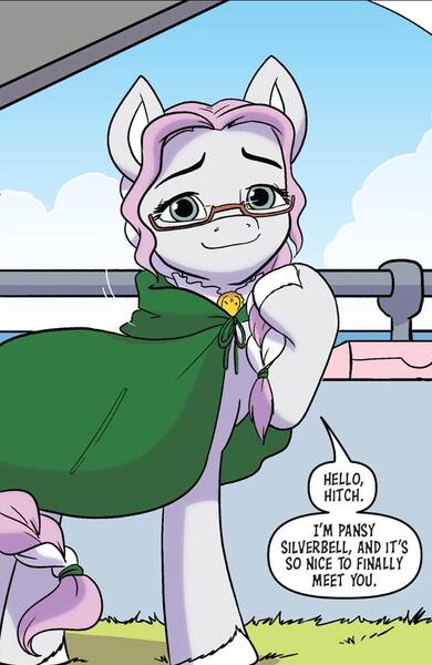 Size: 750x1153 | Tagged: safe, artist:amymebberson, derpibooru import, idw, earth pony, pony, g5, spoiler:comic, spoiler:g5, spoiler:g5comic, spoiler:g5comic12, cloak, clothes, comic, dialogue, female, glasses, image, jpeg, mare, pansy silverbell, solo, speech bubble, unshorn fetlocks