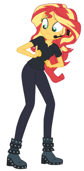 Size: 2041x4113 | Tagged: safe, artist:gmaplay, derpibooru import, sunset shimmer, human, all the world's off stage, equestria girls, equestria girls series, all the world's off stage: pinkie pie, black shirt, boots, clothes, director shimmer, earpiece, eyebrows, female, image, pants, png, pointing, raised eyebrow, shirt, shoes, simple background, solo, t-shirt, transparent background, what are these?
