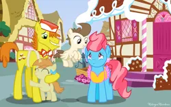 Size: 1024x641 | Tagged: safe, artist:littlebasemaker, artist:ridingonrainbows, artist:zacatron94, derpibooru import, carrot cake, cup cake, pound cake, pumpkin cake, earth pony, pegasus, pony, unicorn, apron, bow, bowtie, cake family, clothes, colt, ear piercing, earring, female, filly, flying, foal, freckles, hair bow, hat, hug, image, jewelry, male, mare, older, older pound cake, older pumpkin cake, piercing, png, signature, stallion, sugarcube corner