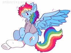 Size: 2048x1530 | Tagged: safe, artist:spookyfoxinc, derpibooru import, rainbow dash, pegasus, pony, :p, blue wings, clothes, fluffy hair, g4, hoodie, image, jpeg, raised hoof, simple background, socks, solo, spread wings, tongue out, white background, wings
