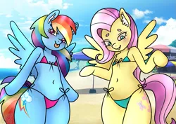 Size: 877x620 | Tagged: suggestive, artist:anykoe, derpibooru import, fluttershy, rainbow dash, pegasus, pony, semi-anthro, :p, adorasexy, arm hooves, beach, bikini, clothes, cute, ear fluff, female, image, png, sexy, solo, solo female, surprised, swimsuit, tongue out