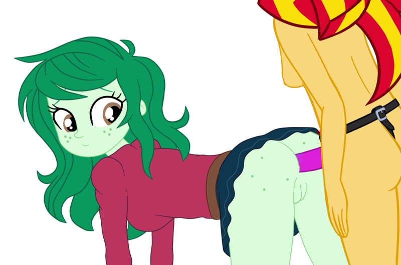 Size: 4056x2688 | Tagged: explicit, artist:gmaplay, edit, sunset shimmer, wallflower blush, equestria girls, anal, anus, ass, bottomless, butt, clothed female nude female, clothes, female, image, lesbian, no panties, nudity, partial nudity, penetration, png, sex, sex toy, shipping, show accurate, show accurate porn, simple background, skirt, solo, strapon, transparent background, upskirt, vulva, wallflower butt, wallset