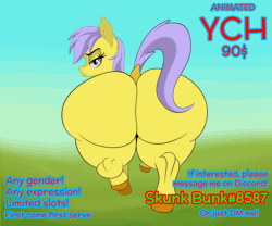 Size: 2000x1667 | Tagged: suggestive, artist:skunk bunk, derpibooru import, pony, advertisement, anatomically correct, animated, butt, commission, detailed background, gif, grass, grass field, hooves, image, large butt, looking at you, looking back, nudity, plot, presenting, seductive look, sky, solo, text, trotting, trotting in place, vulva, walk cycle, walking, walking away, ych animation, ych example, your character here