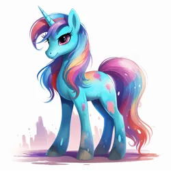 Size: 1024x1024 | Tagged: safe, derpibooru import, machine learning generated, oc, unnamed oc, pony, unicorn, ai content, generator:midjourney, happy, image, not rainbow dash, paint, paint splatter, png, shading, simple background, smiling, solo
