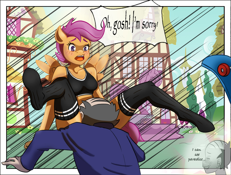 Size: 1420x1080 | Tagged: suggestive, artist:furryfantan, derpibooru import, scootaloo, anthro, human, pegasus, accidental sex, clothes, image, jpeg, kneesocks, sex, socks, solo, sports bra, sports outfit